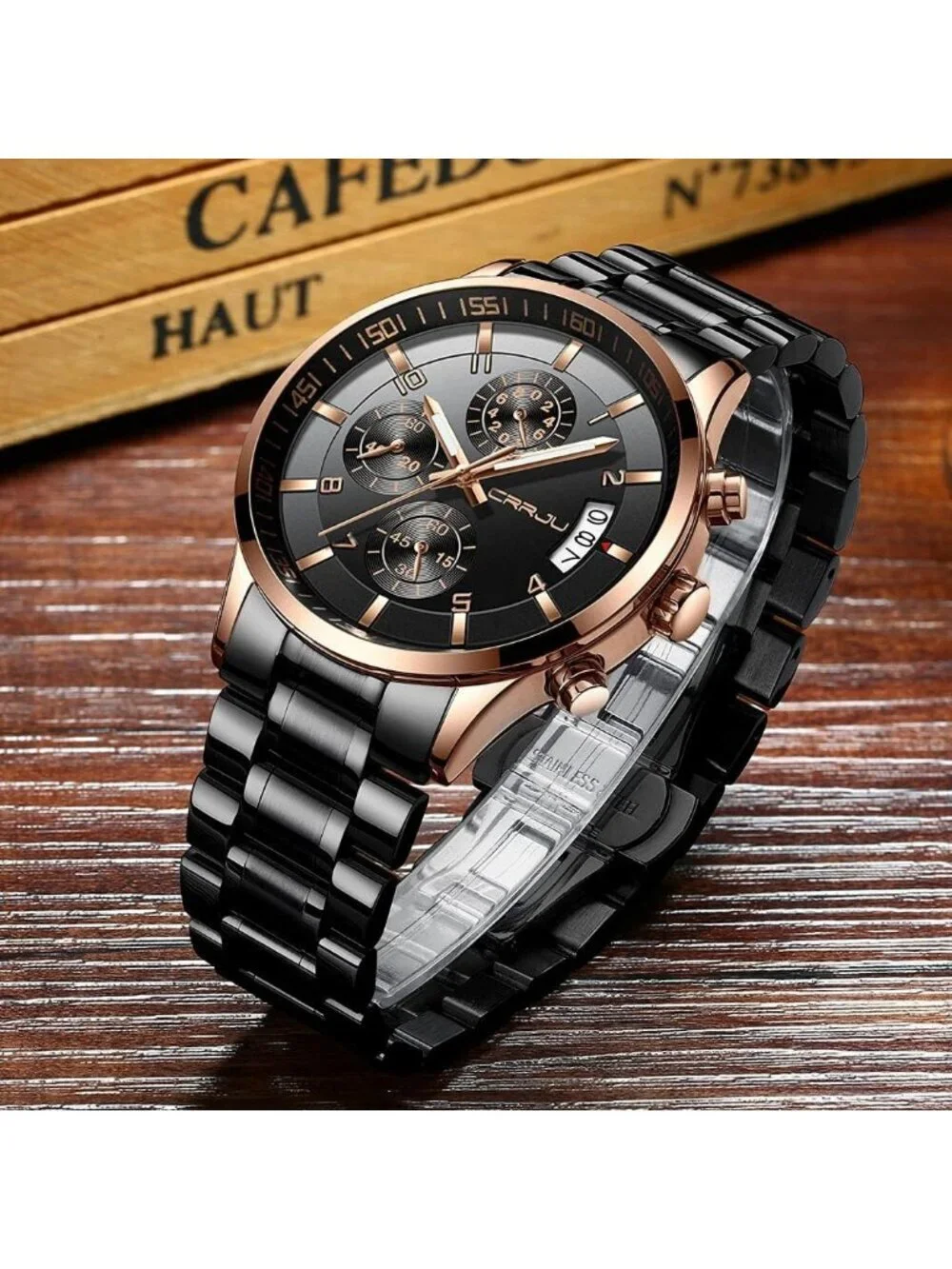 Men's Black Rose Gold Analog Stainless Steel Waterproof Chronograph Wrist Watch